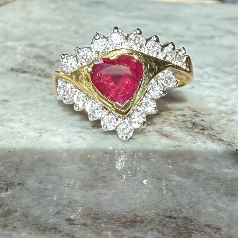 Vintage 18k Two-Tone Heart-Shaped Ruby & Diamond Ring