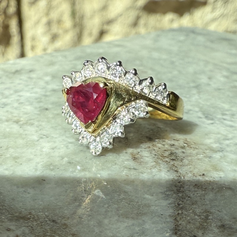 Vintage 18k Two-Tone Heart-Shaped Ruby & Diamond Ring