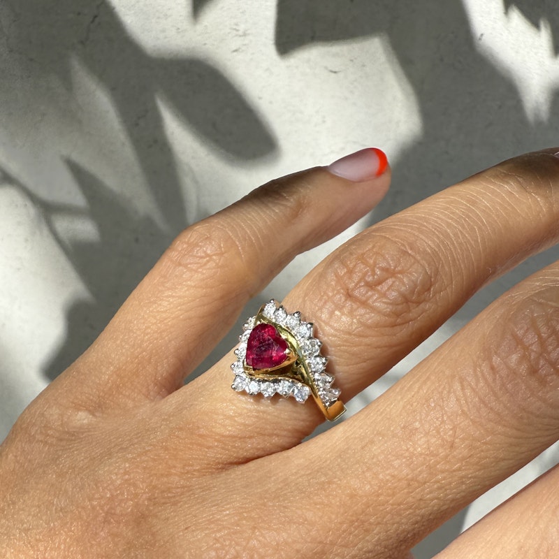 Vintage 18k Two-Tone Heart-Shaped Ruby & Diamond Ring