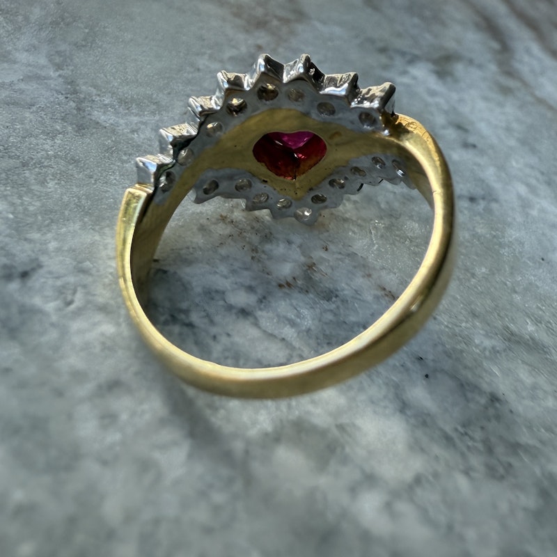 Vintage 18k Two-Tone Heart-Shaped Ruby & Diamond Ring