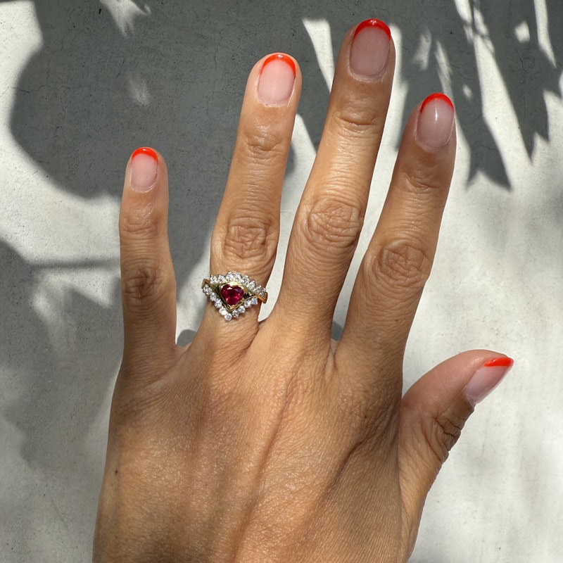 Vintage 18k Two-Tone Heart-Shaped Ruby & Diamond Ring