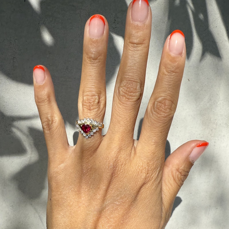 Vintage 18k Two-Tone Heart-Shaped Ruby & Diamond Ring