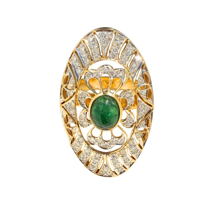 Art Deco 14k Yellow Gold Emerald Cabochon and Diamond Statement Ring