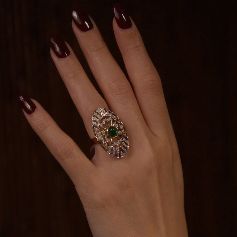 Art Deco 14k Yellow Gold Emerald Cabochon and Diamond Statement Ring