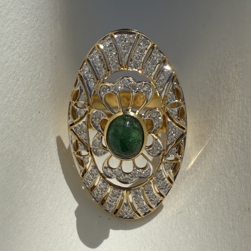 Art Deco 14k Yellow Gold Emerald Cabochon and Diamond Statement Ring