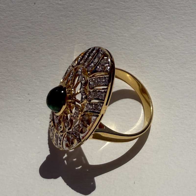 Art Deco 14k Yellow Gold Emerald Cabochon and Diamond Statement Ring
