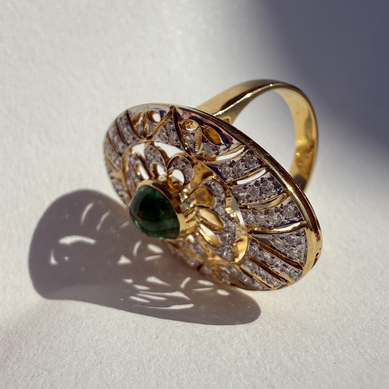 Art Deco 14k Yellow Gold Emerald Cabochon and Diamond Statement Ring
