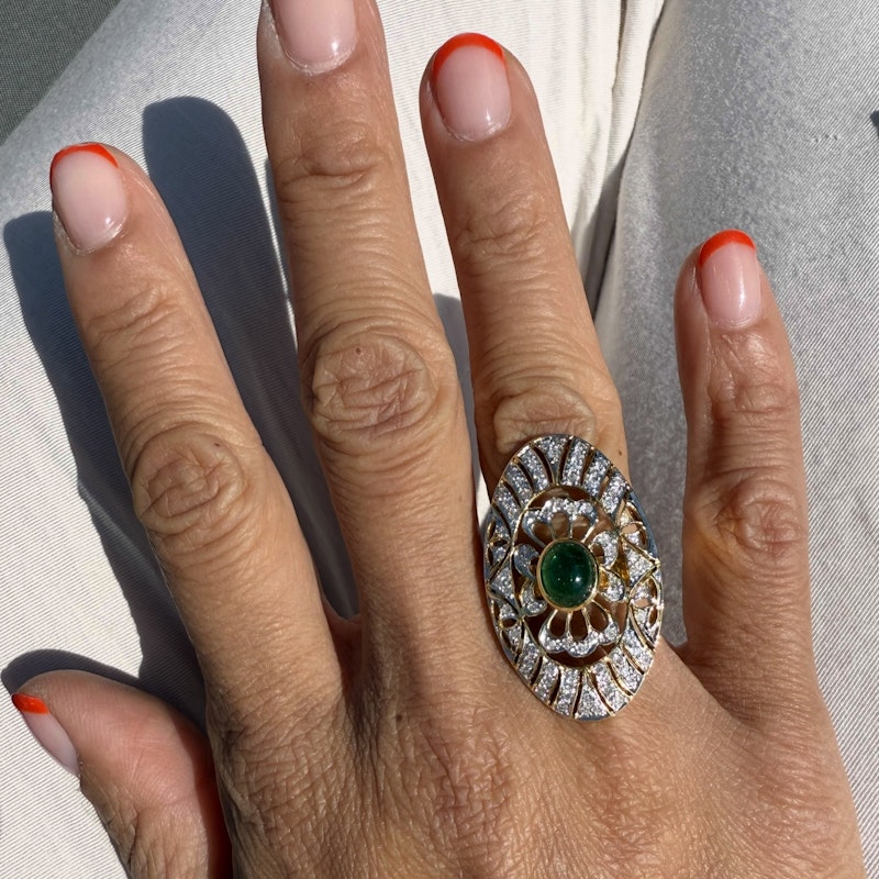 Art Deco 14k Yellow Gold Emerald Cabochon and Diamond Statement Ring