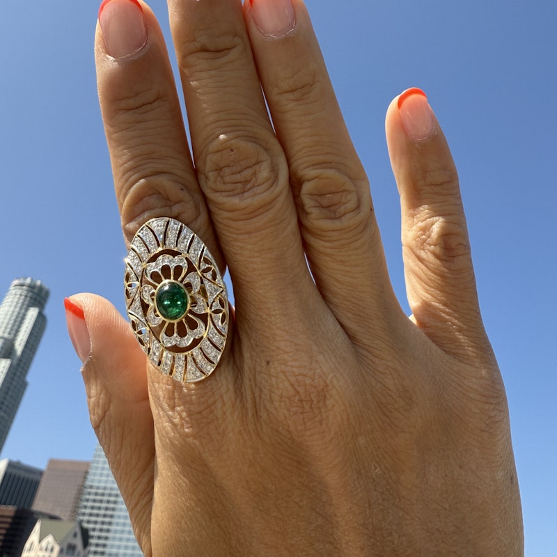 Art Deco 14k Yellow Gold Emerald Cabochon and Diamond Statement Ring