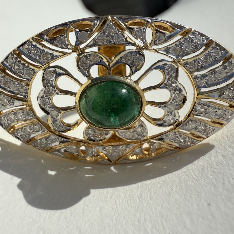 Art Deco 14k Yellow Gold Emerald Cabochon and Diamond Statement Ring