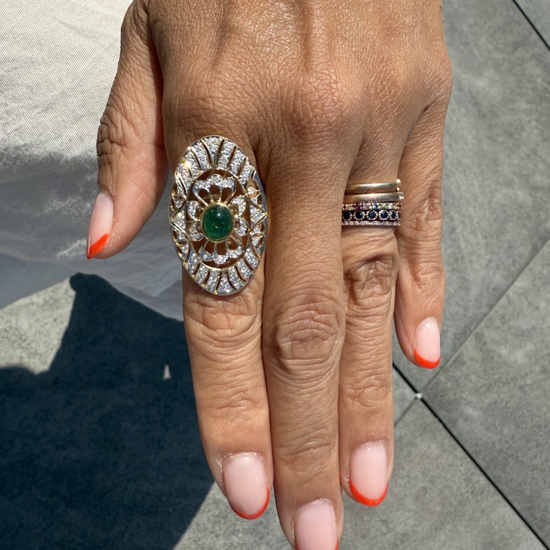 Art Deco 14k Yellow Gold Emerald Cabochon and Diamond Statement Ring