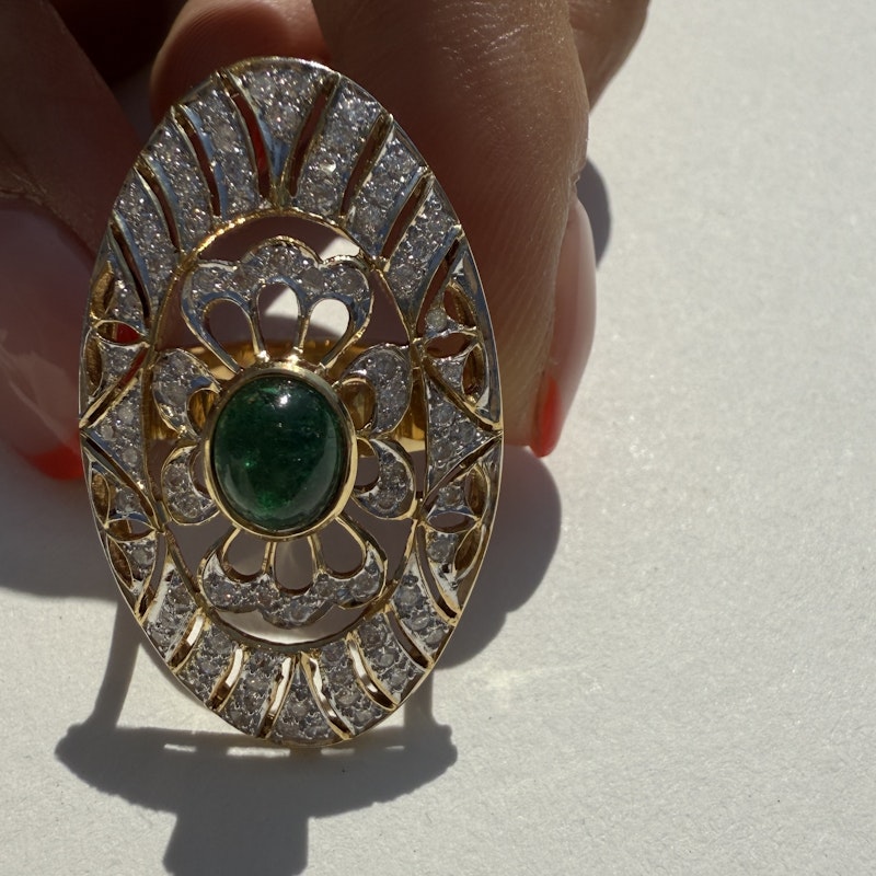 Art Deco 14k Yellow Gold Emerald Cabochon and Diamond Statement Ring