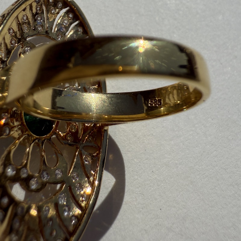 Art Deco 14k Yellow Gold Emerald Cabochon and Diamond Statement Ring