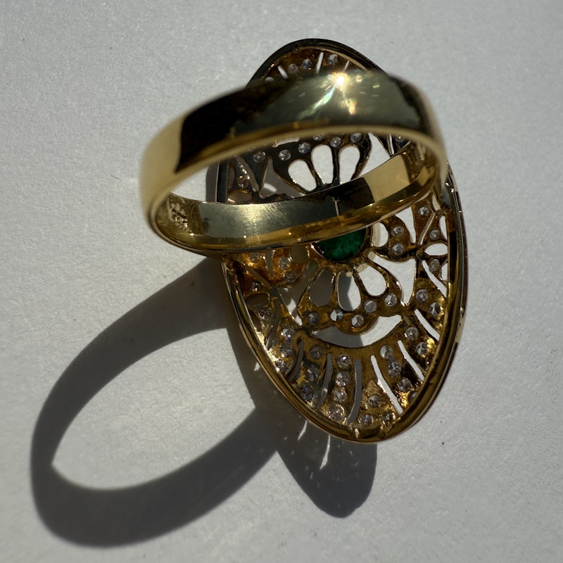 Art Deco 14k Yellow Gold Emerald Cabochon and Diamond Statement Ring