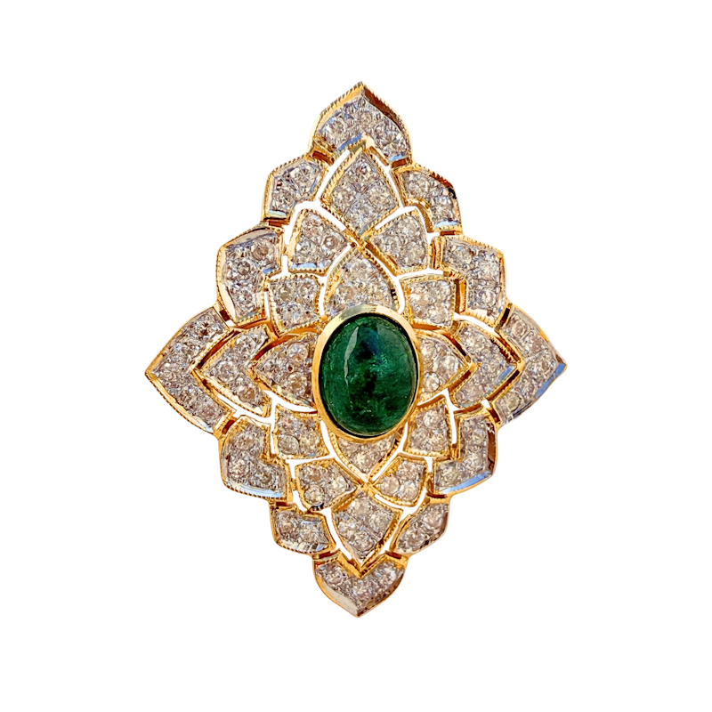 Vintage 14k Yellow Gold Emerald Cabochon and Pavé Diamond Ring