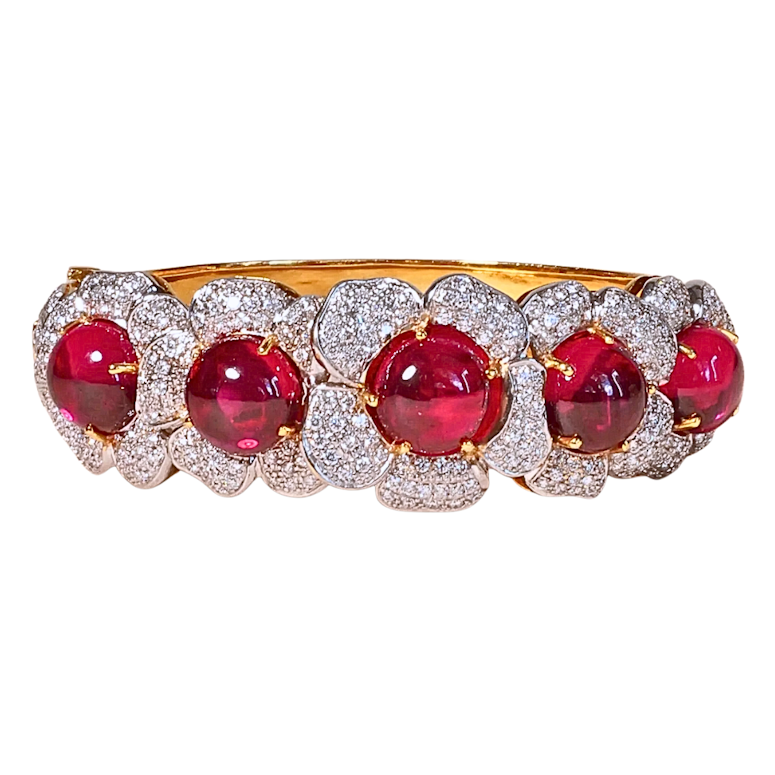 Vintage 18k Ruby & Diamond Floral Bangle Bracelet