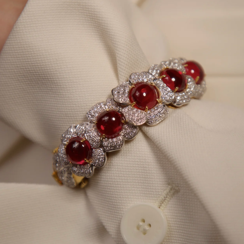 Vintage 18k Ruby & Diamond Floral Bangle Bracelet