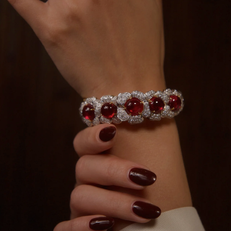 Vintage 18k Ruby & Diamond Floral Bangle Bracelet