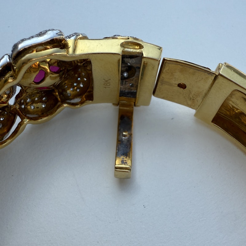 Vintage 18k Ruby & Diamond Floral Bangle Bracelet