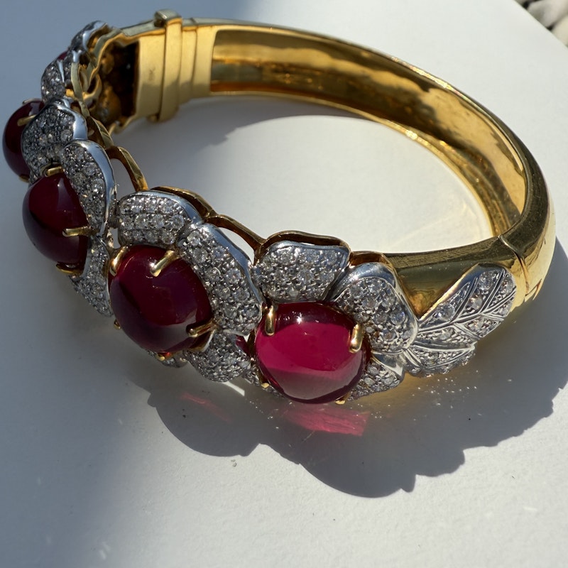 Vintage 18k Ruby & Diamond Floral Bangle Bracelet