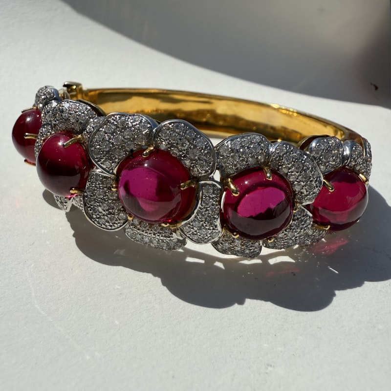 Vintage 18k Ruby & Diamond Floral Bangle Bracelet