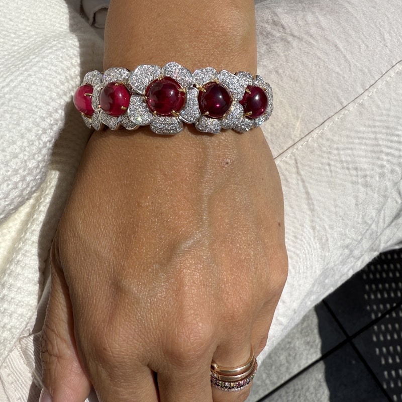 Vintage 18k Ruby & Diamond Floral Bangle Bracelet
