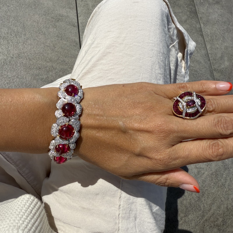 Vintage 18k Ruby & Diamond Floral Bangle Bracelet