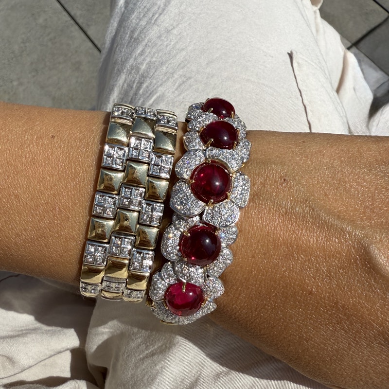 Vintage 18k Ruby & Diamond Floral Bangle Bracelet