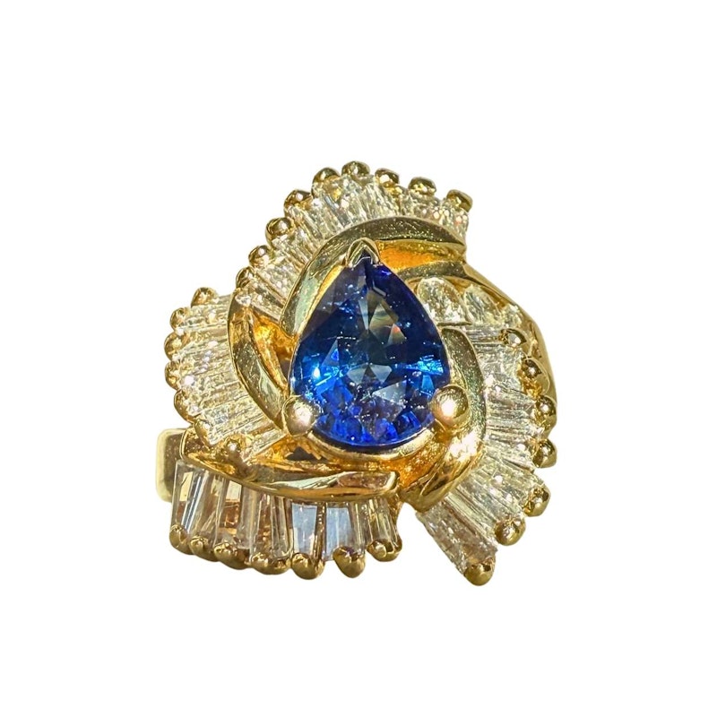 Vintage 14k Yellow Gold Pear Blue Sapphire & Diamond Swirl Ring