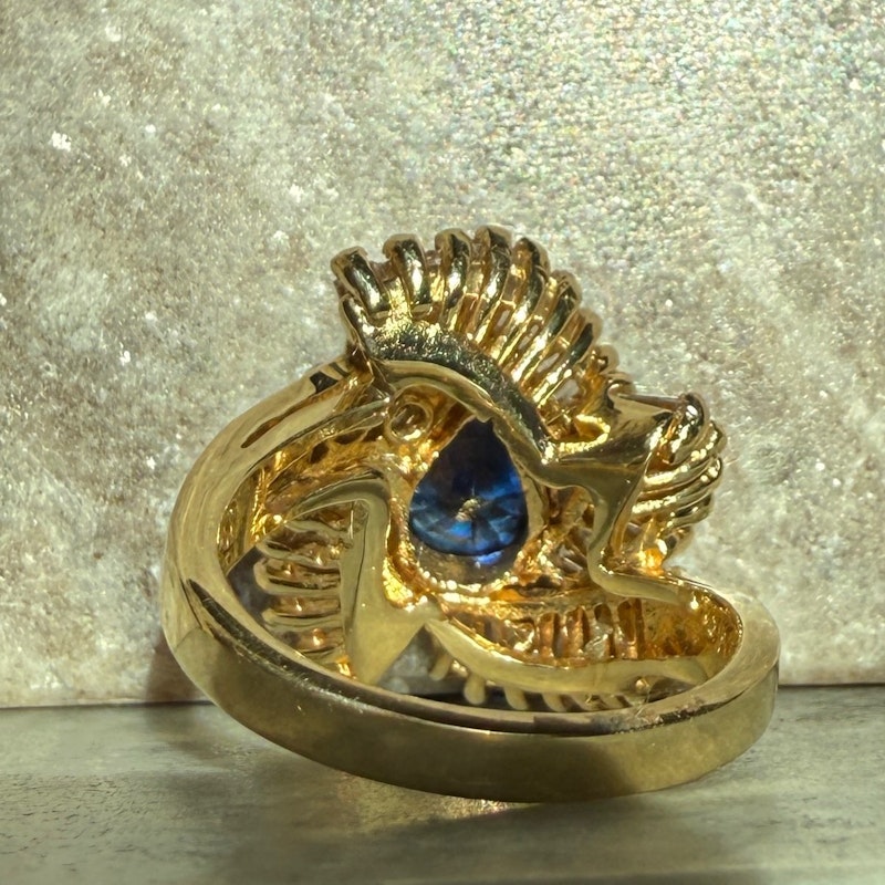 Vintage 14k Yellow Gold Pear Blue Sapphire & Diamond Swirl Ring