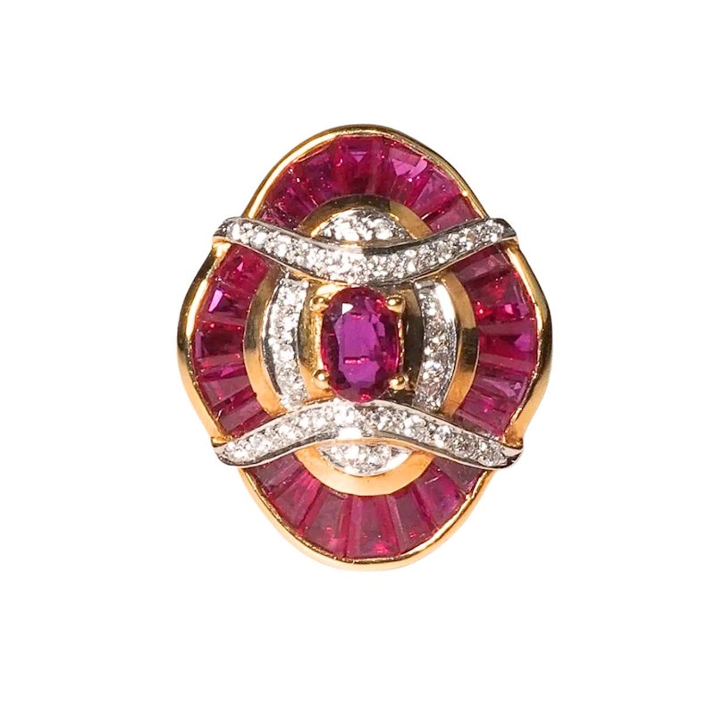 Vintage 18k Yellow Gold Ruby & Diamond Art Deco Cocktail Ring