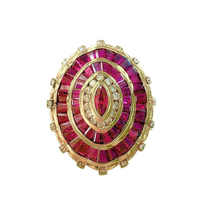 Vintage 18k Yellow Gold Ruby & Diamond Marquise Baguette Cocktail Ring