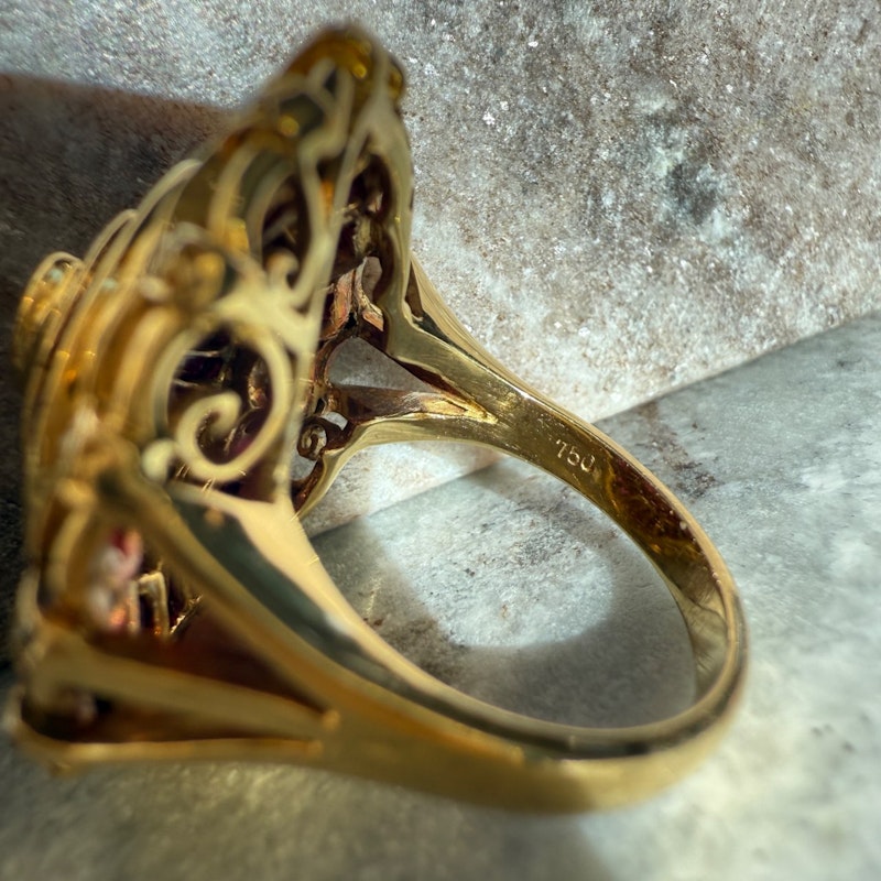Vintage 18k Yellow Gold Ruby & Diamond Marquise Baguette Cocktail Ring