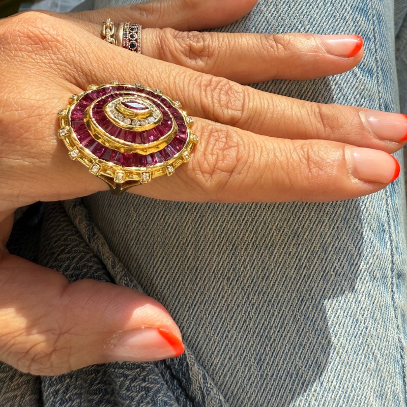 Vintage 18k Yellow Gold Ruby & Diamond Marquise Baguette Cocktail Ring