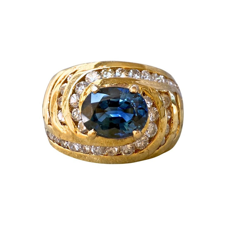 Vintage 18k Yellow Gold Oval Sapphire & Diamond Dome Ring