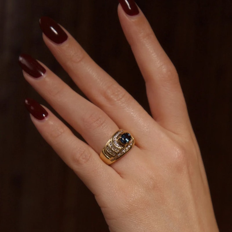 Vintage 18k Yellow Gold Oval Sapphire & Diamond Dome Ring
