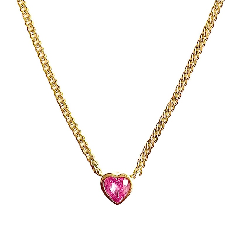 14k Yellow Gold Pink Sapphire Heart Curb Chain Necklace