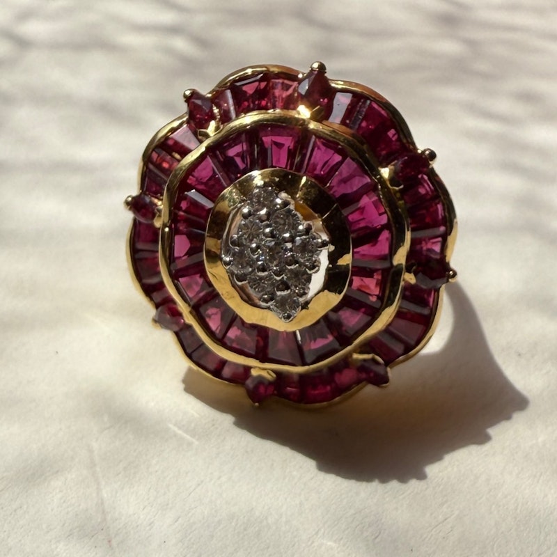 Vintage 14k Yellow Gold Ruby & Diamond Cluster Cocktail Ring