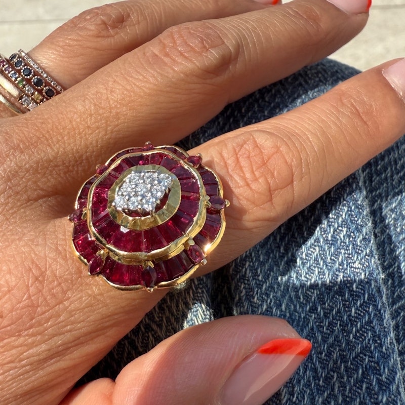 Vintage 14k Yellow Gold Ruby & Diamond Cluster Cocktail Ring