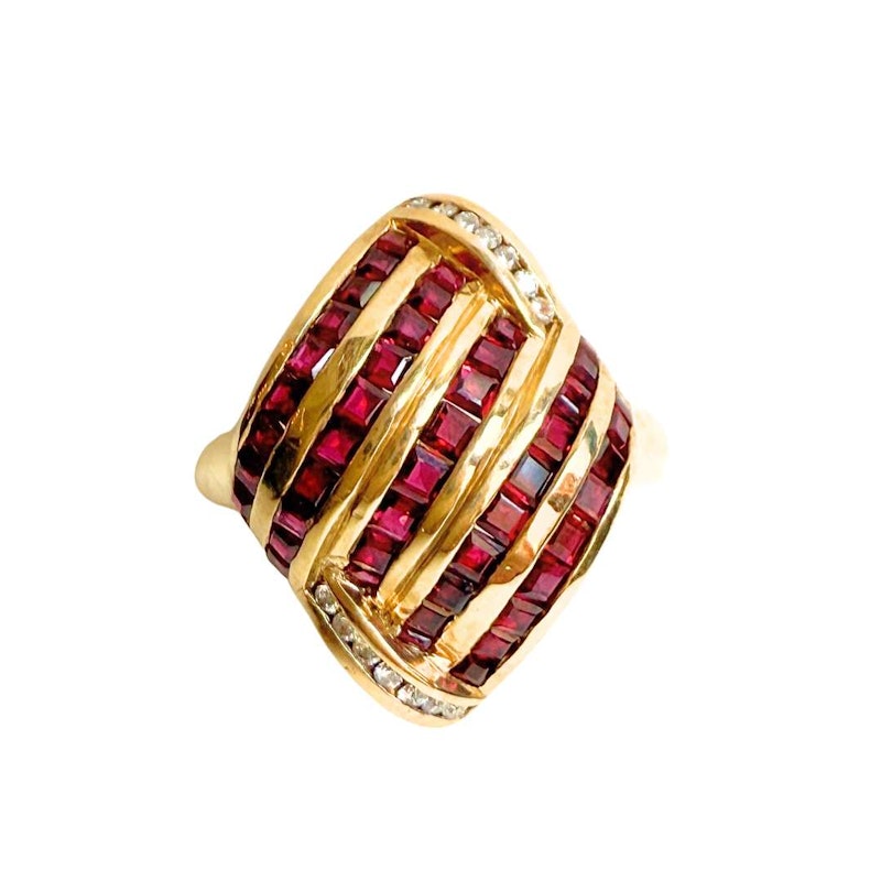 Vintage 18k Yellow Gold Elongated Ruby & Diamond Channel Set Ring