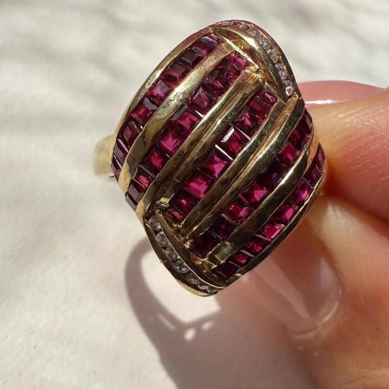Vintage 18k Yellow Gold Elongated Ruby & Diamond Channel Set Ring
