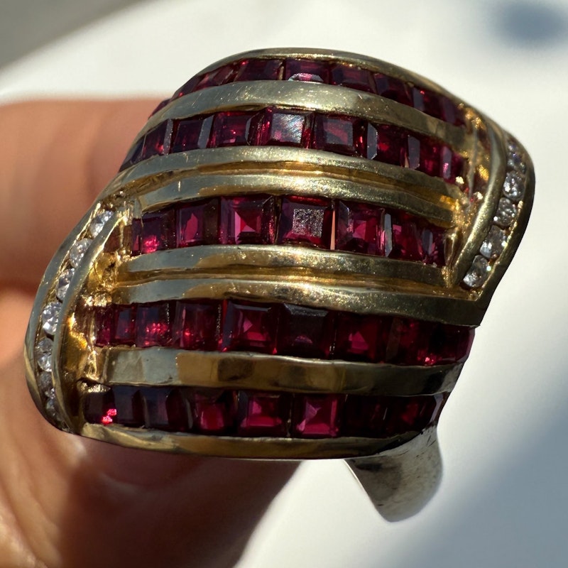 Vintage 18k Yellow Gold Elongated Ruby & Diamond Channel Set Ring