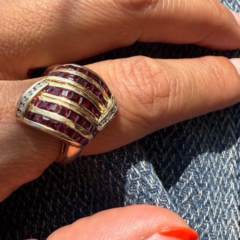 Vintage 18k Yellow Gold Elongated Ruby & Diamond Channel Set Ring