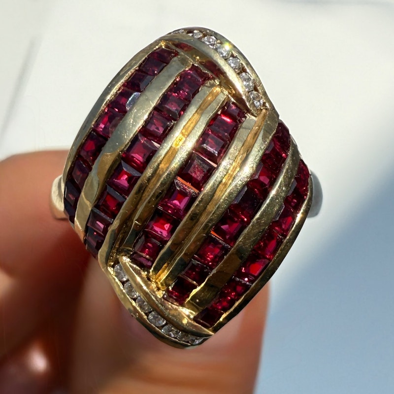 Vintage 18k Yellow Gold Elongated Ruby & Diamond Channel Set Ring