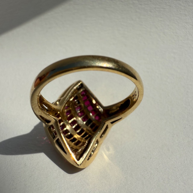 Vintage 18k Yellow Gold Elongated Ruby & Diamond Channel Set Ring