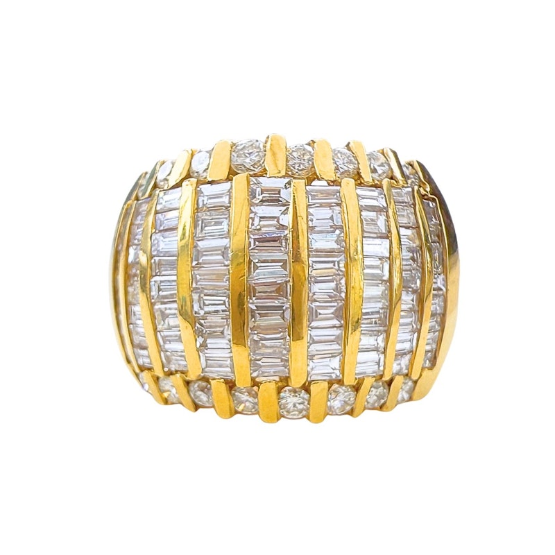 18k Yellow Gold Multi Row Baguette Diamond Dome Ring