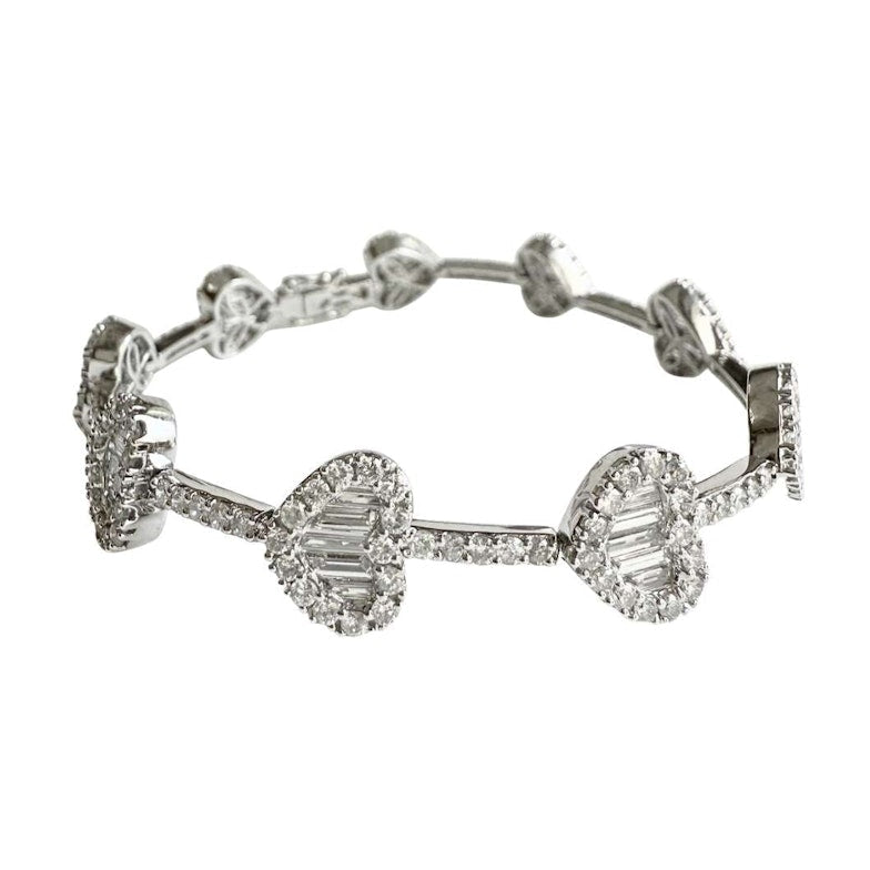14k White Gold Diamond Heart Tennis Bracelet with Baguette & Round Diamonds