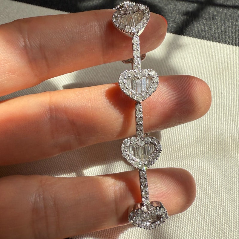 14k White Gold Diamond Heart Tennis Bracelet with Baguette & Round Diamonds