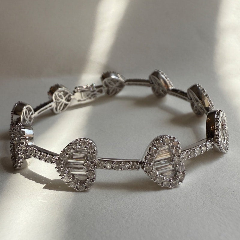 14k White Gold Diamond Heart Tennis Bracelet with Baguette & Round Diamonds