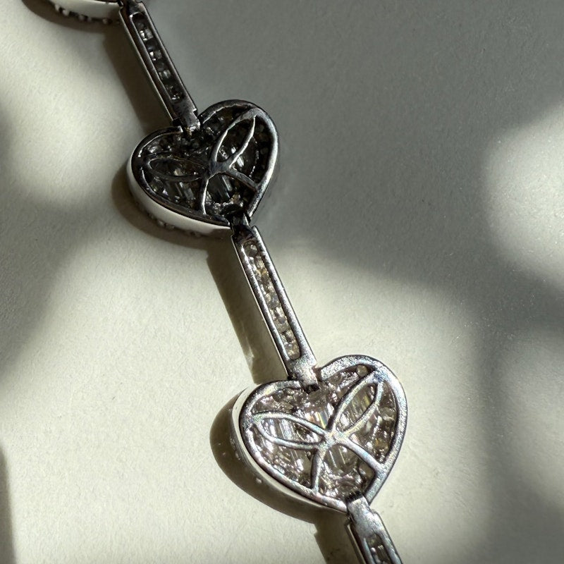 14k White Gold Diamond Heart Tennis Bracelet with Baguette & Round Diamonds